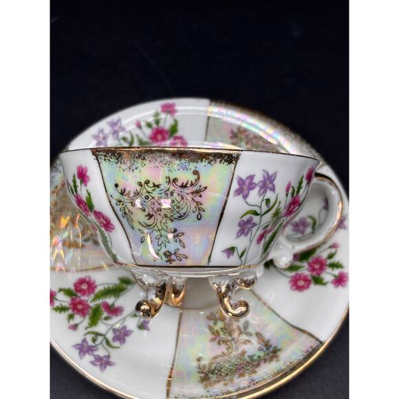 Vtg 3 Footed Teacup Saucer Pearlescent Irridescent Luster ware Floral Gold Trim - Picture 4 of 15
